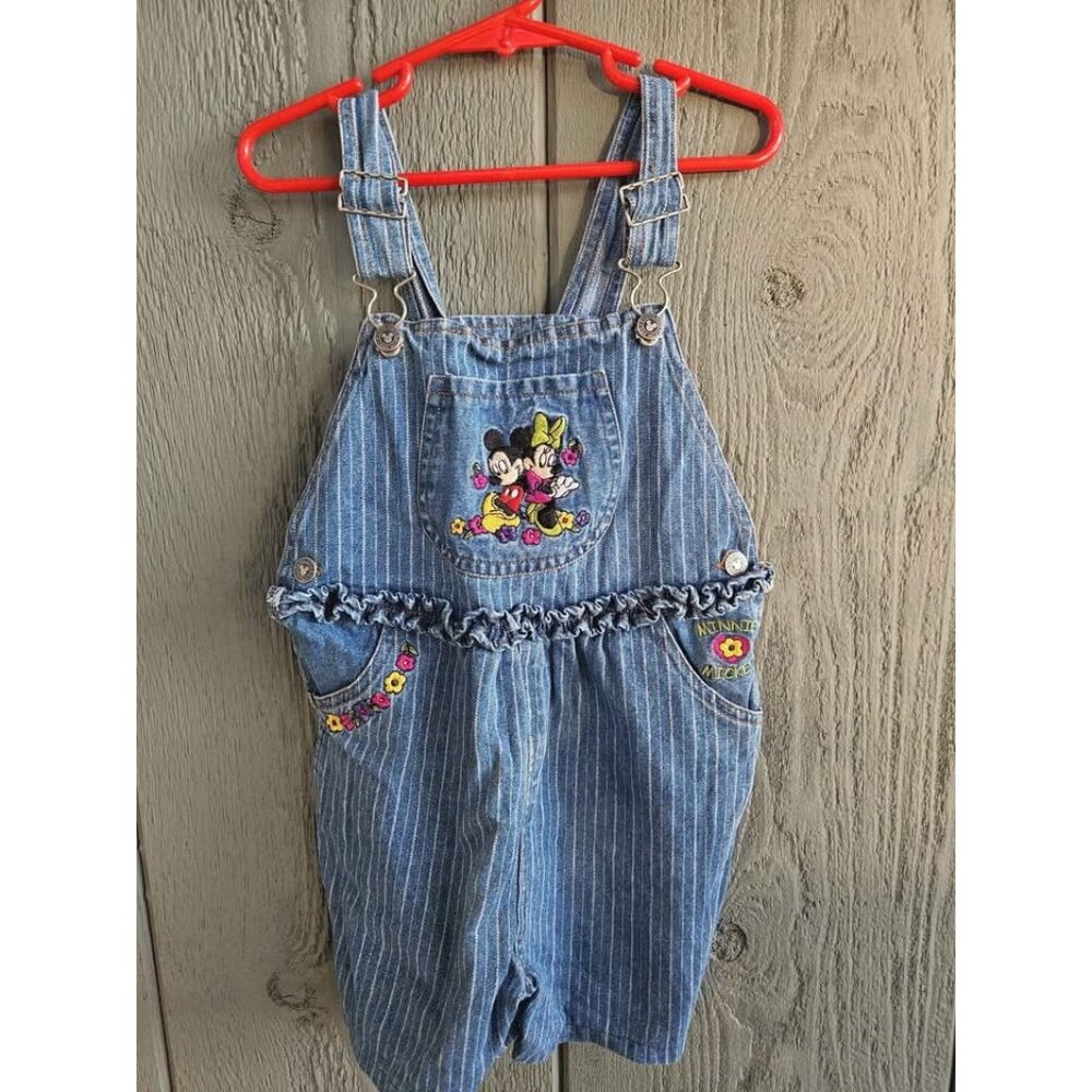 Vintage Y2K Girls Size 4T Disney Mickey Mouse and Minnie Flower Blue Jean Bibs